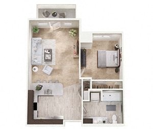Floor plan for 1 bed, 1 bath, 684 sqft